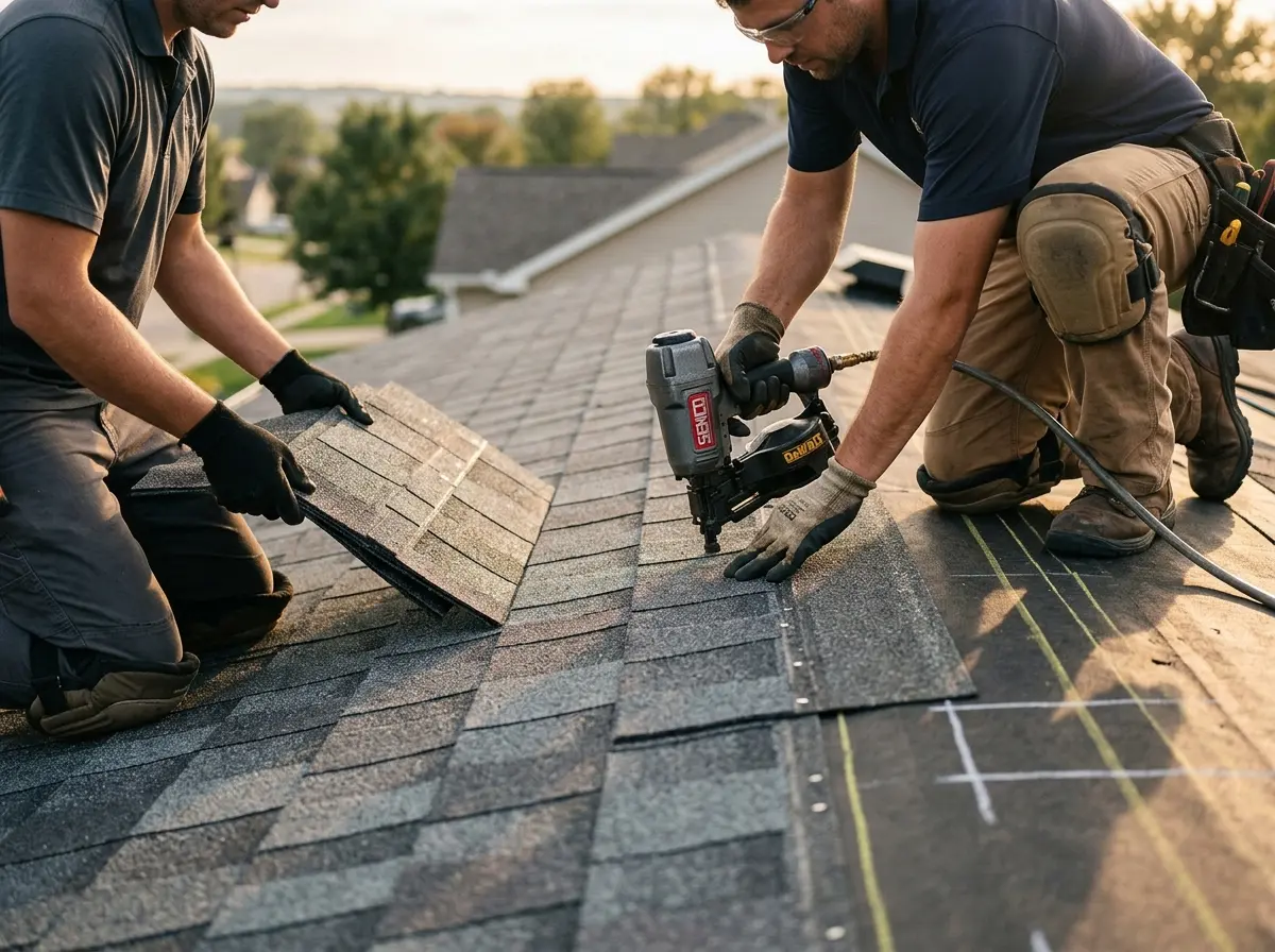 Professional roofer working on a residential roof in Stow